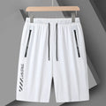 Men's black nylon quick-drying sports shorts with elastic waistband, shown in loose fit.