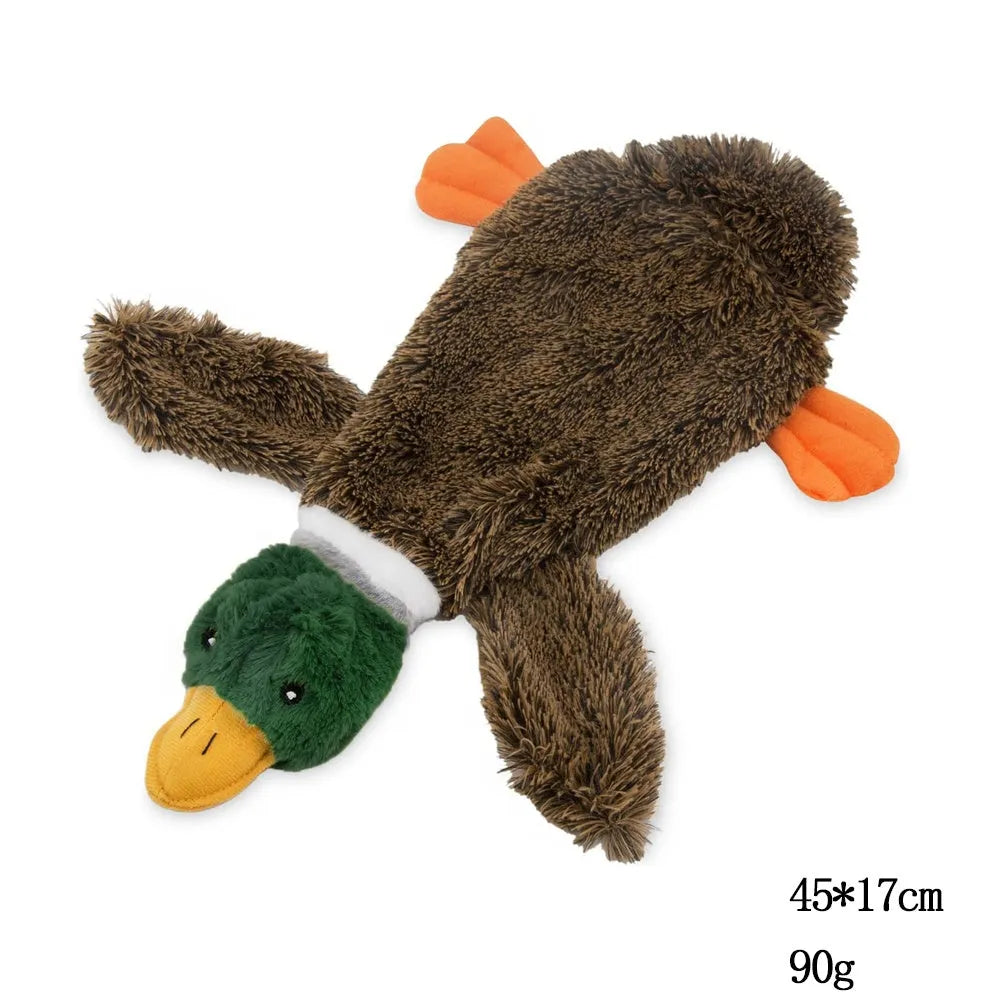 Green wild duck stuffless squeaky dog toy with soft plush fabric and dual squeakers