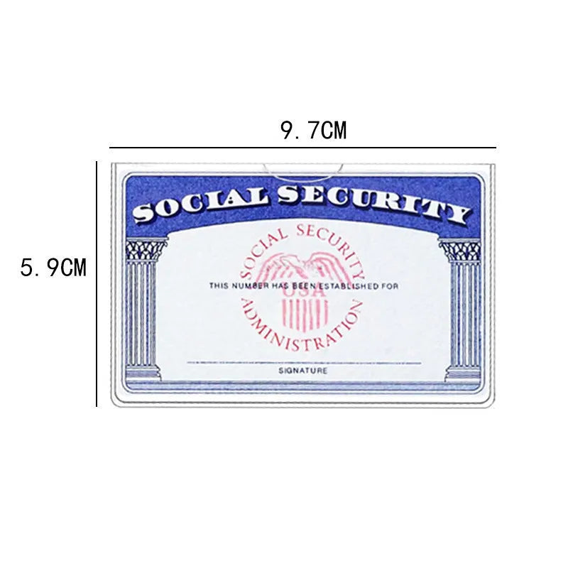 Thickened transparent PVC social security card holder showing dimensions 9.7cm by 5.9cm.
