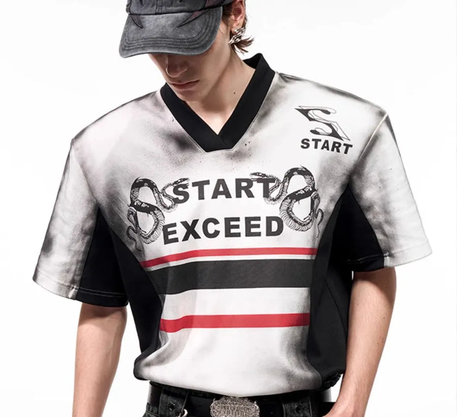 Women's V-neck short sleeve top with printed letter snake pattern and padded shoulders in Korean style.