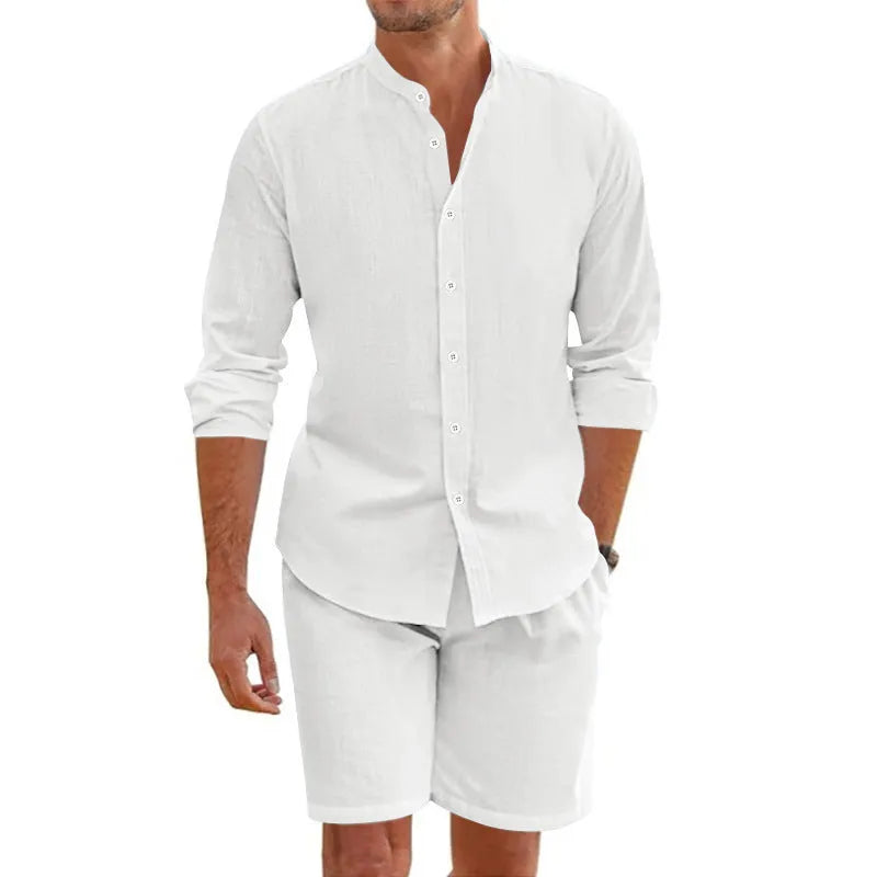 Men's light blue linen blend short sleeve button-down shirt and drawstring shorts suit set for summer.
