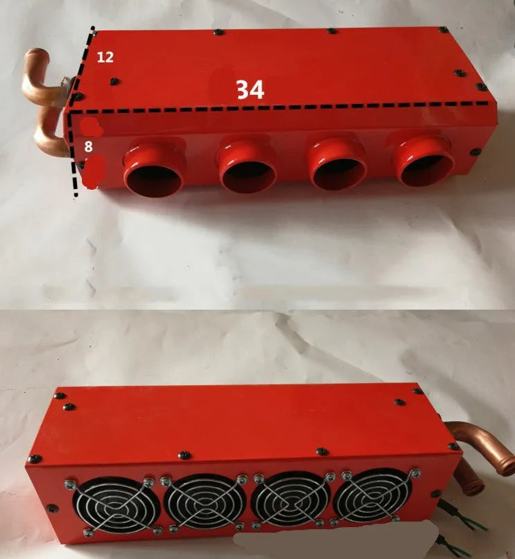 Metal car heating unit with copper piping for 12V/24V vehicle installation measuring 34x12x8cm