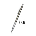 Metal automatic mechanical pencil showing barrel detail and lead size options from 0.5mm to 2.0mm