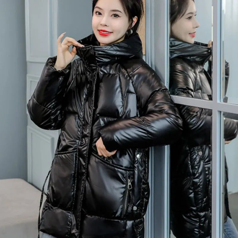 Loose fit women's winter hooded jacket in black, blue, champagne or green colour