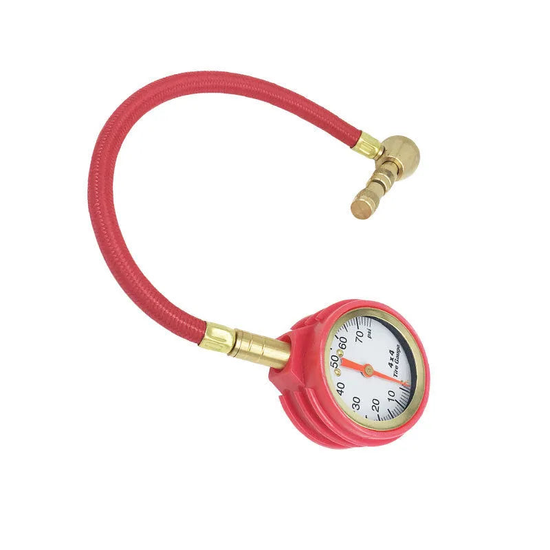 A red mechanical tyre pressure gauge with a metal body and rubber shell, designed for SUVs and off-road vehicles.