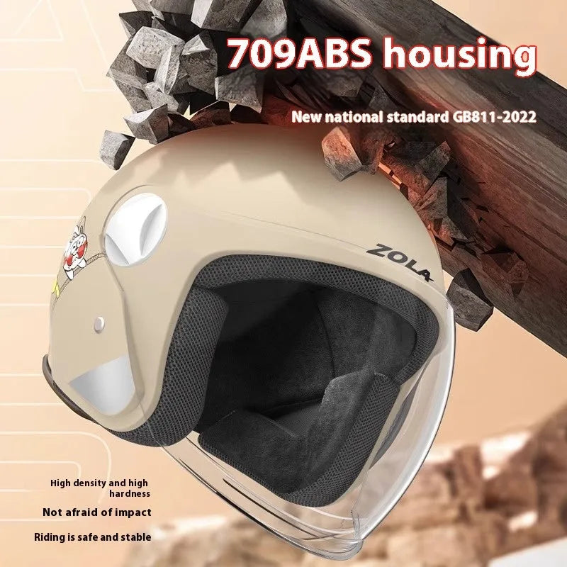 Electric bicycle helmet with winter scarf attachment and anti-fog visor in blue colour