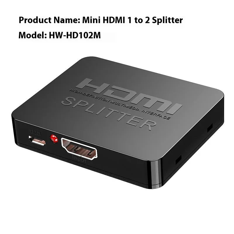 4K HDMI splitter distributing signal to two displays with USB charging cable included