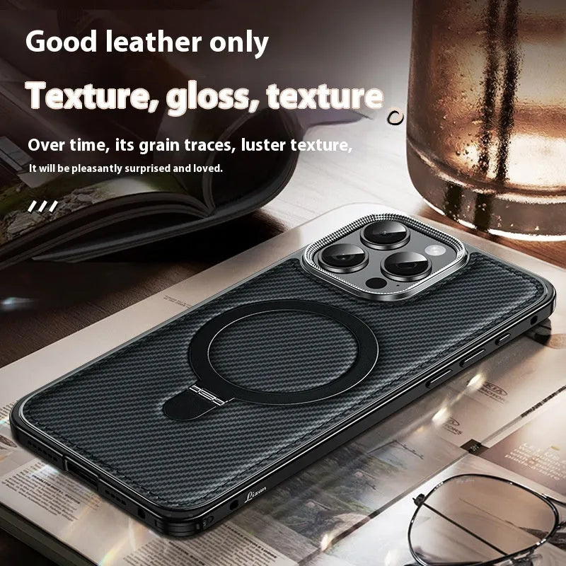 Metal frame carbon fiber pattern bracket phone case for Apple 14 in dark gray