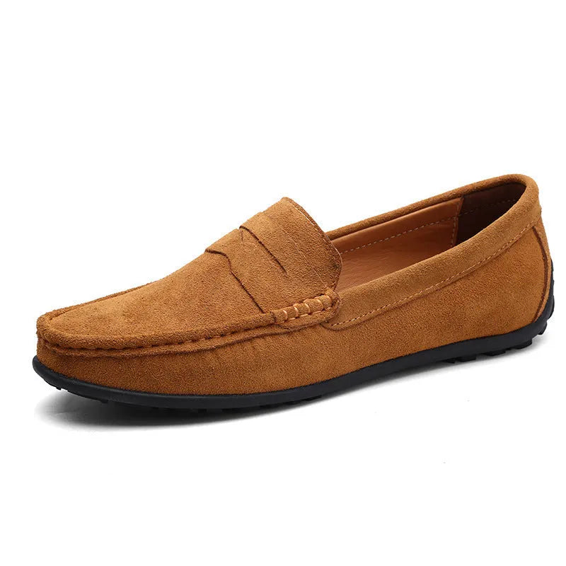 Men's suede Gommino-style loafers in a range of colours on a flat rubber sole.