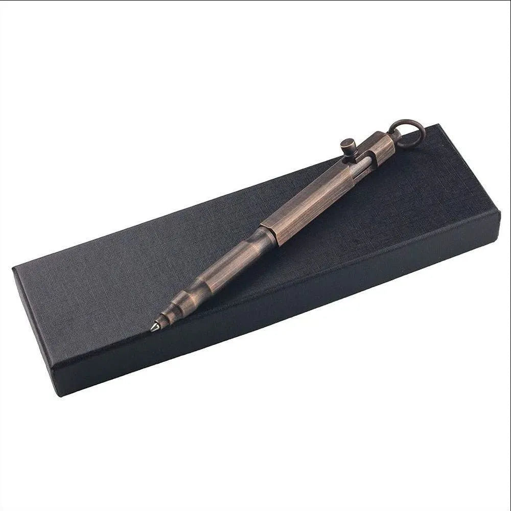 Brass tactical pen with machine gun inspired bolt-action design and hexagonal barrel
