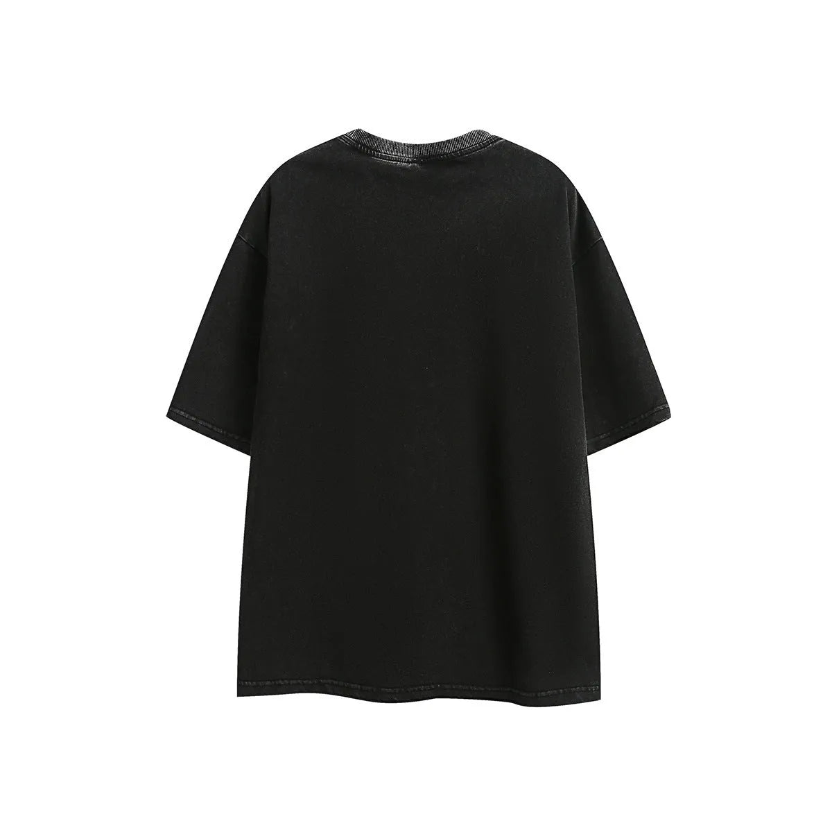 Man wearing a loose black retro short-sleeved cotton T-shirt with an embroidered washed design