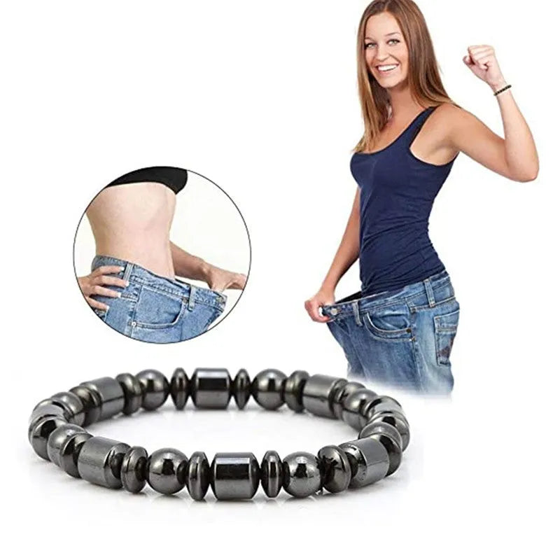 Black pentagram pattern magnetic therapy bracelet with stretch band and stone beads