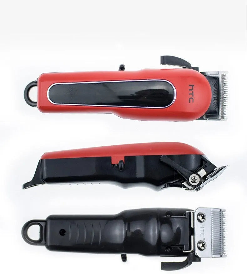 Professional digital hair clipper in black, red, or white with 4 limiting combs, charger, and cleaning tools.