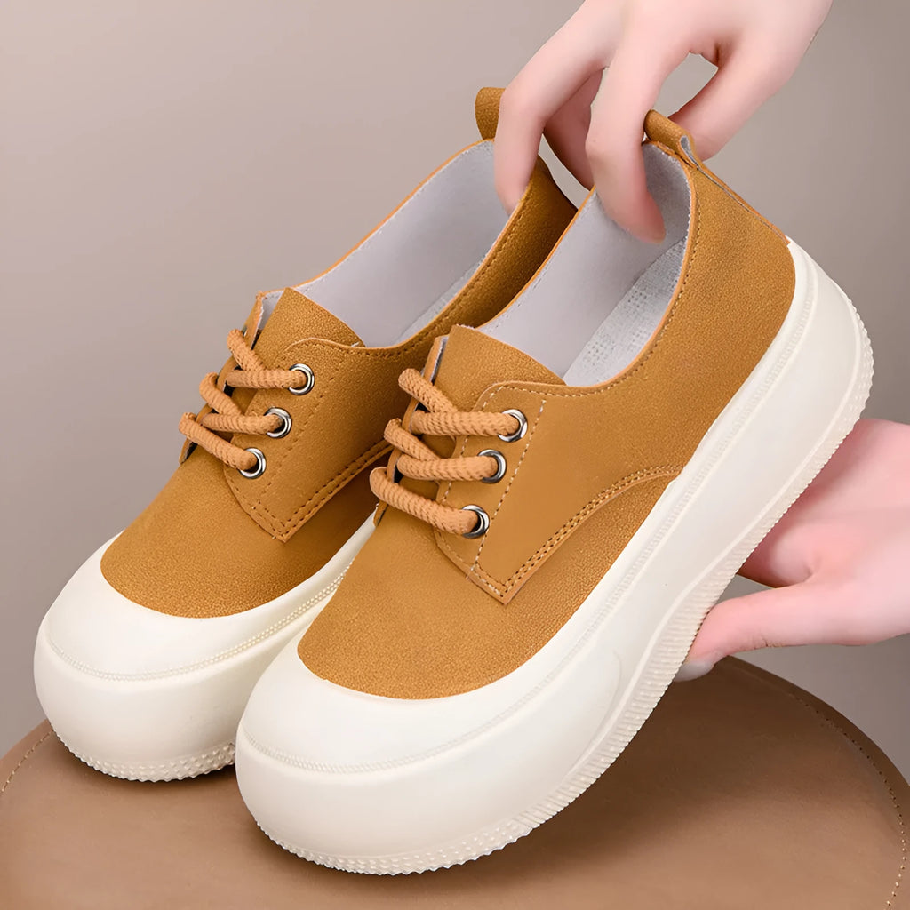 Women's camel suede platform loafers with 4cm heel, round toe, and front lace-up.