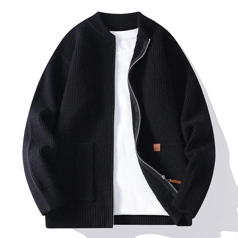 Men's beige striped straight fit cardigan jacket on a hanger