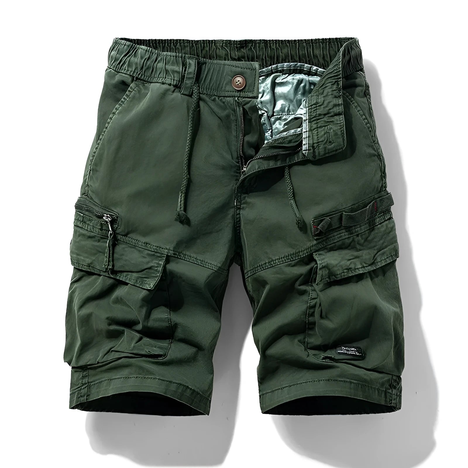 Men's cotton shorts with zipper and multiple pockets in army green, Korean fifth pants style