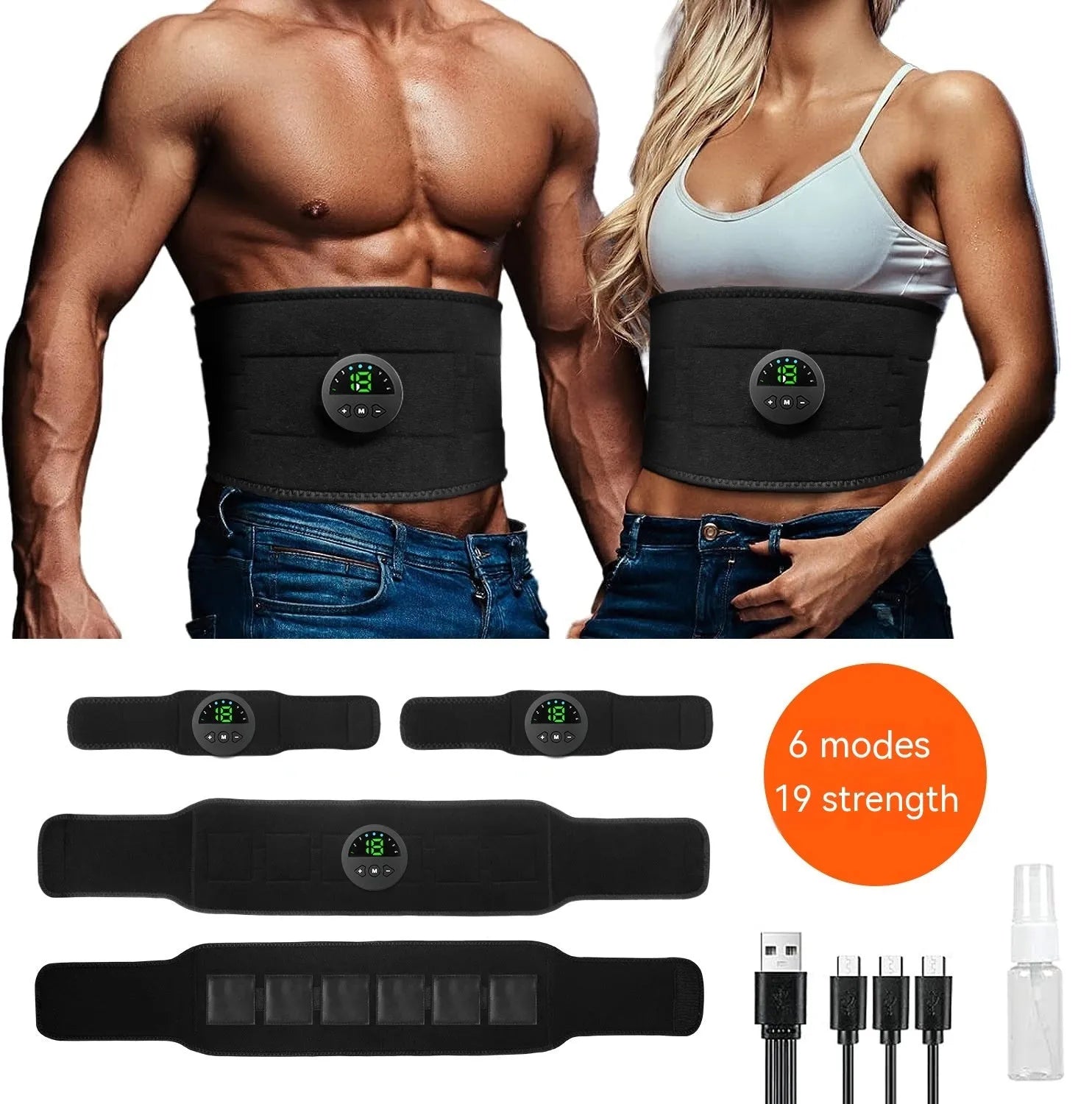 EMS fitness belt waist massager with silicone waistband, arm and abdominal patches, and USB cable