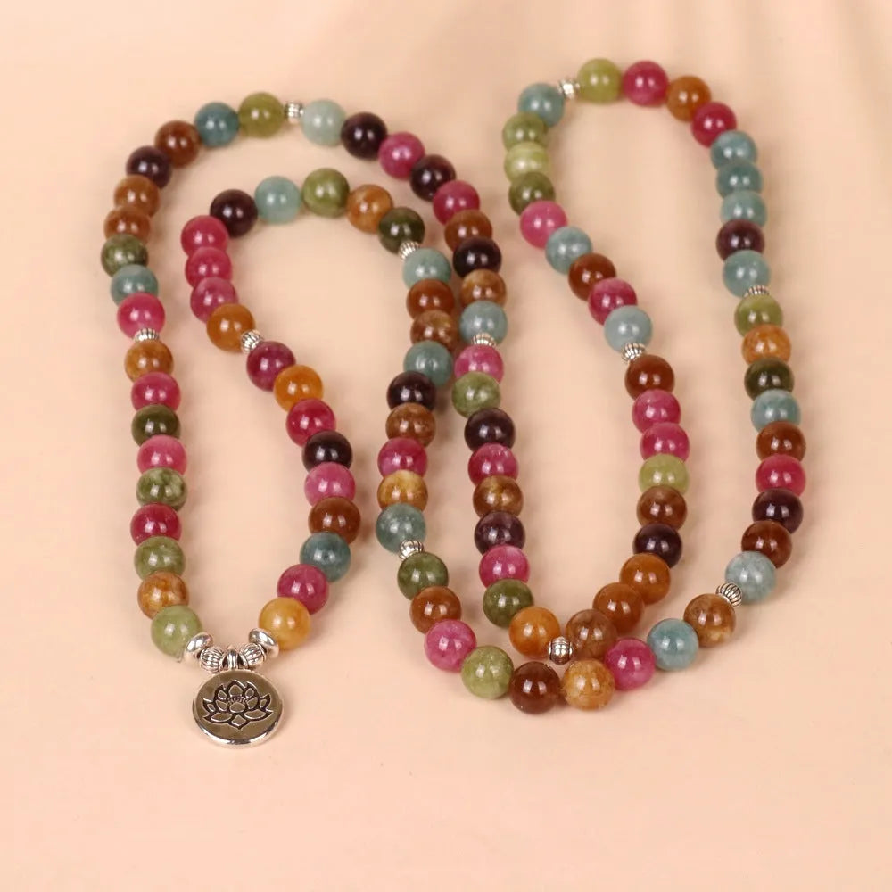 Tourmaline colour alloy bracelet with 108 beads in multi-layer hanging design featuring lotus pattern