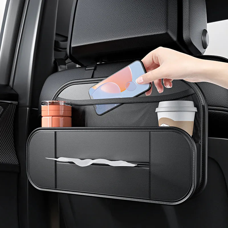 Black leather car seat rear storage bag measuring 36cm wide with customisable compartments