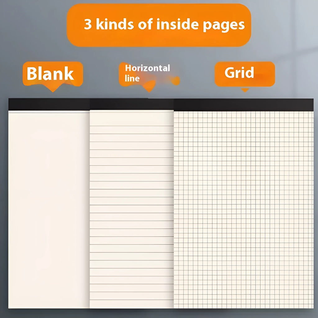 A5, B5 and A4 writing pads with blank, grid and lined page rulings.