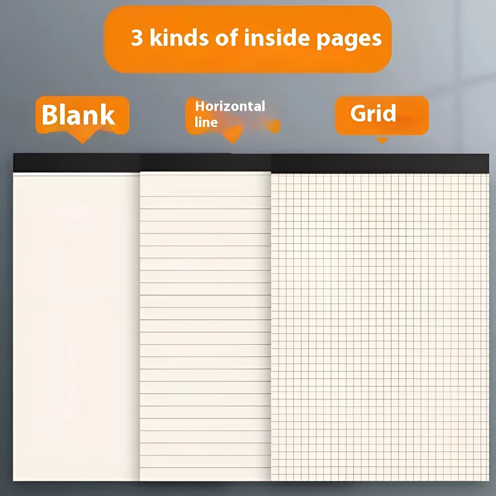 A5, B5 and A4 writing pads with blank, grid and lined page rulings.