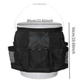 Black cylindrical polyester storage bag hanging from 5 gallon barrel for tool organisation