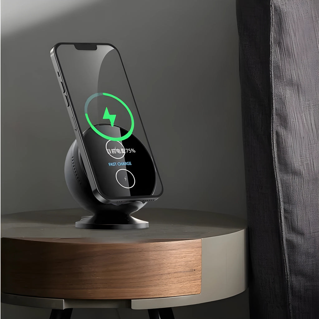 Black mobile phone wireless charging holder with integrated Bluetooth speaker showing phone display angle