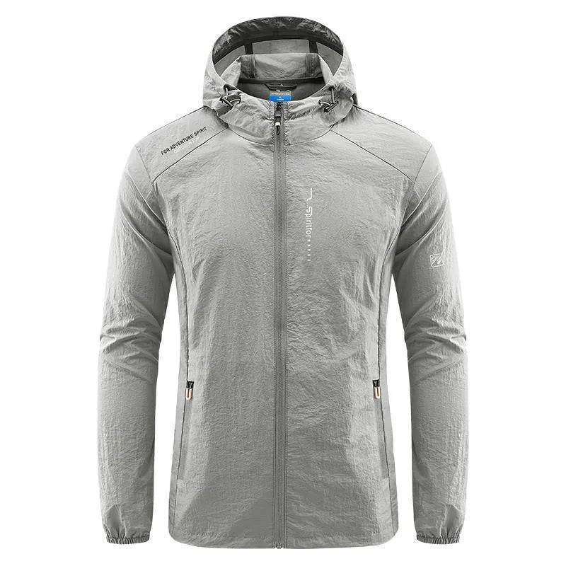 Men's lightweight nylon hooded summer jacket in loose fit, shown in a neutral colour.