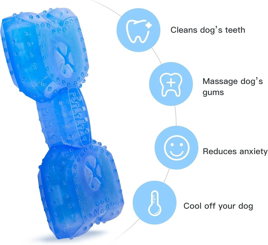 Freezable water-filled dog cooling teether chew toy in bone and circle shapes