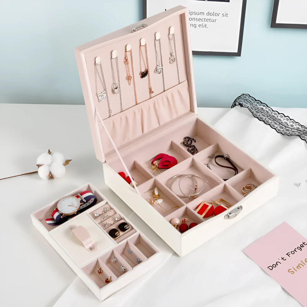 Red or white PU leather jewellery storage box with compartments for necklaces and rings