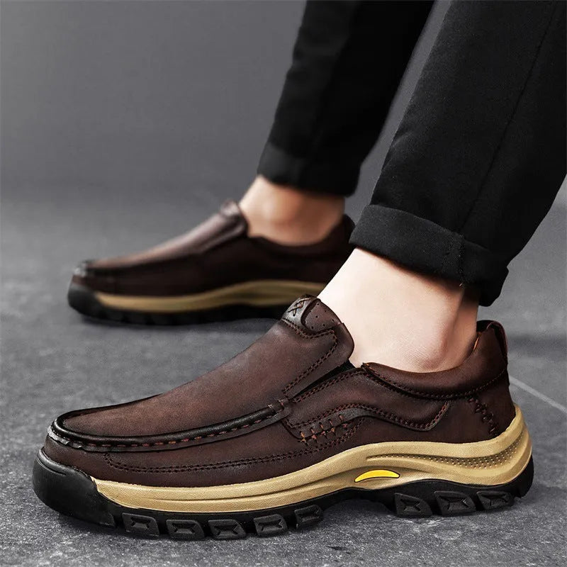 Men's black leather outdoor shoes with thick rubber soles and round toe