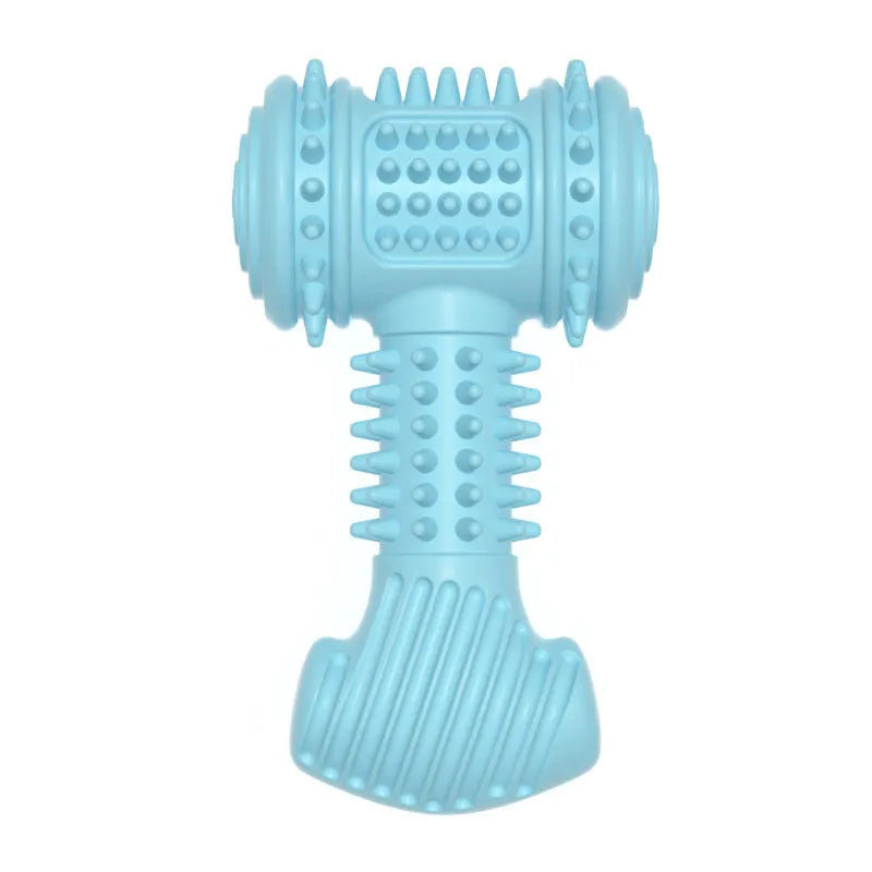 Blue TPR bone-shaped dog chew toy with raised dots for teeth cleaning, held in a dog's mouth.