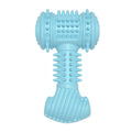 Blue TPR bone-shaped dog chew toy with raised dots for teeth cleaning, held in a dog's mouth.