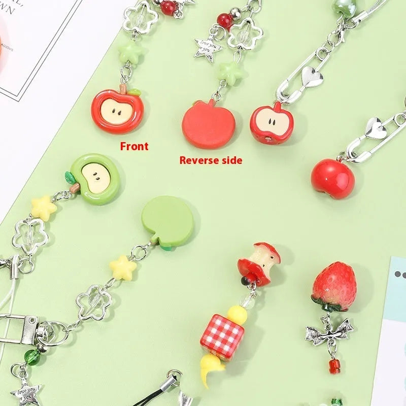 Half-handmade fruit pattern mobile phone earphone bag pendant keychain with apple and strawberry designs