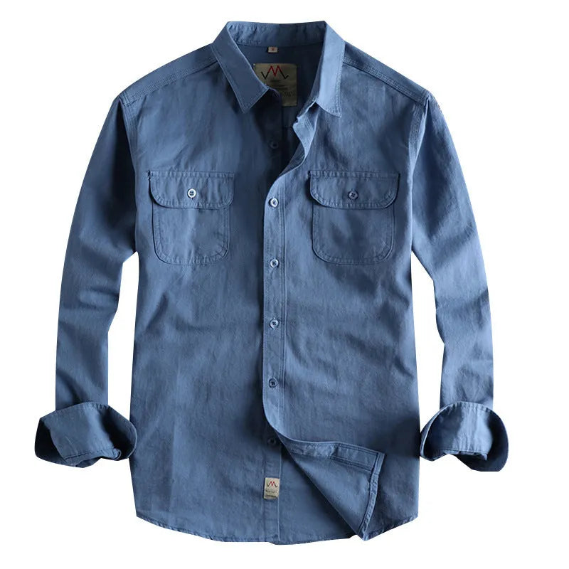 Men's retro cotton long sleeve shirt in light blue solid colour with cardigan style