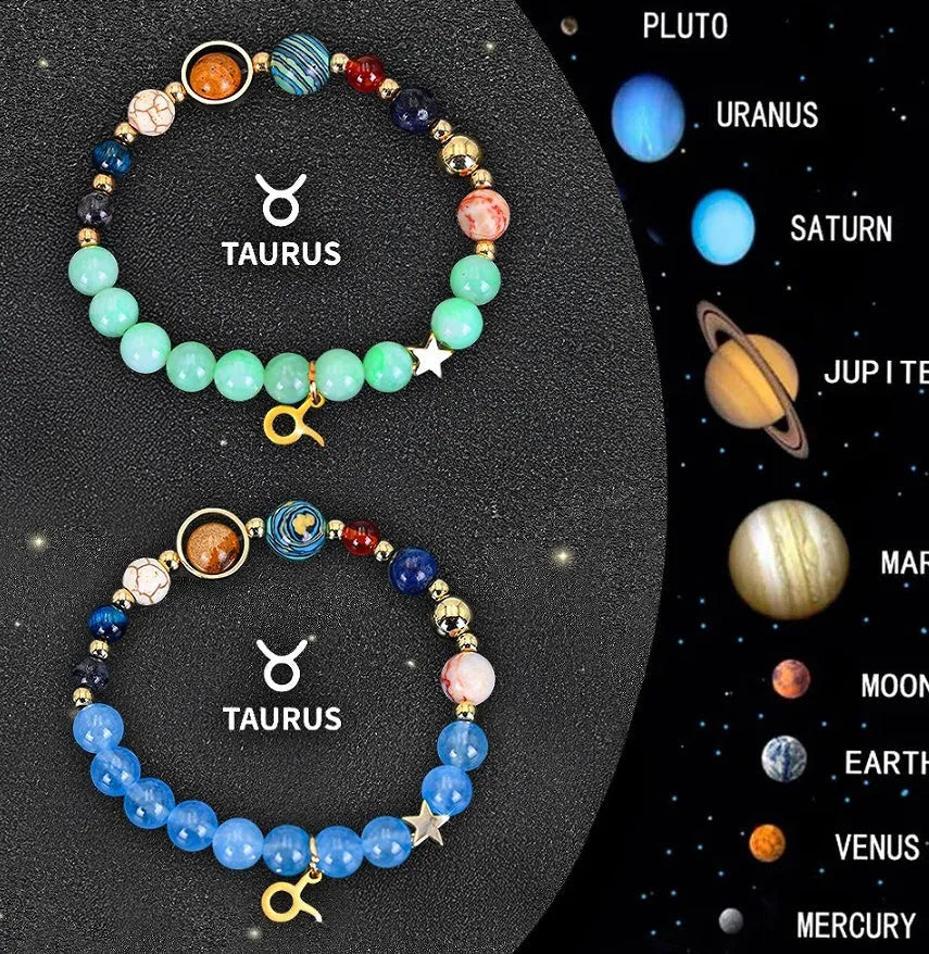 Two natural stone beaded bracelets showing zodiac symbols for all twelve astrology signs