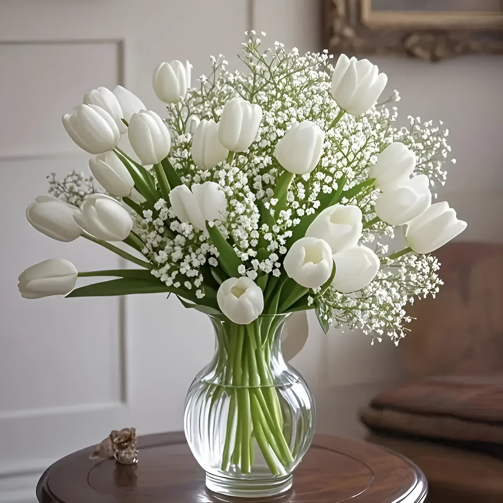 Tulip starry combination artificial flower bridal bouquet thirty piece set plastic flocked blooms photography prop