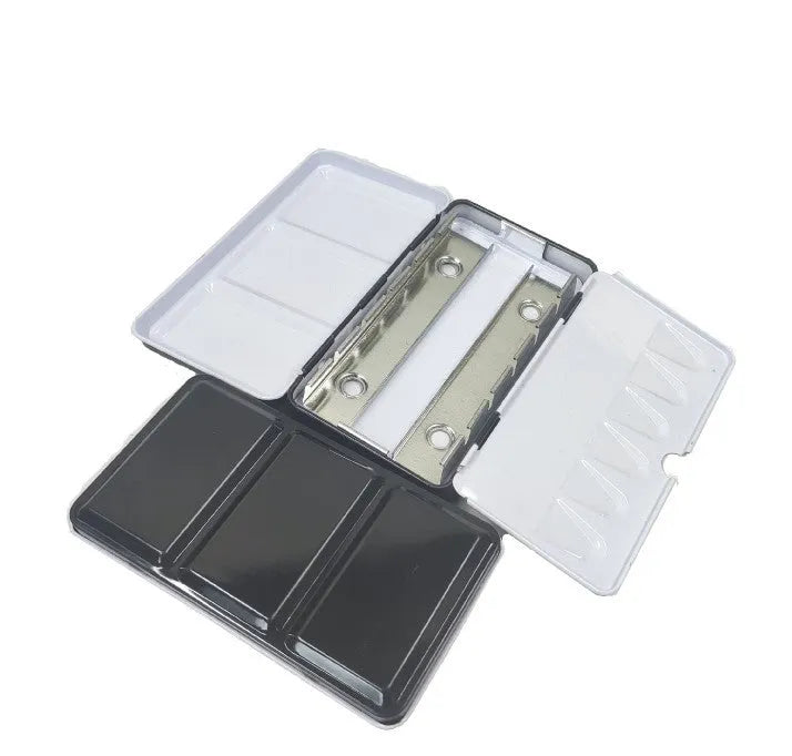 Square tinplate metal empty watercolour paint box with three-fold compartments for 12, 24 or 48 pigment pans.