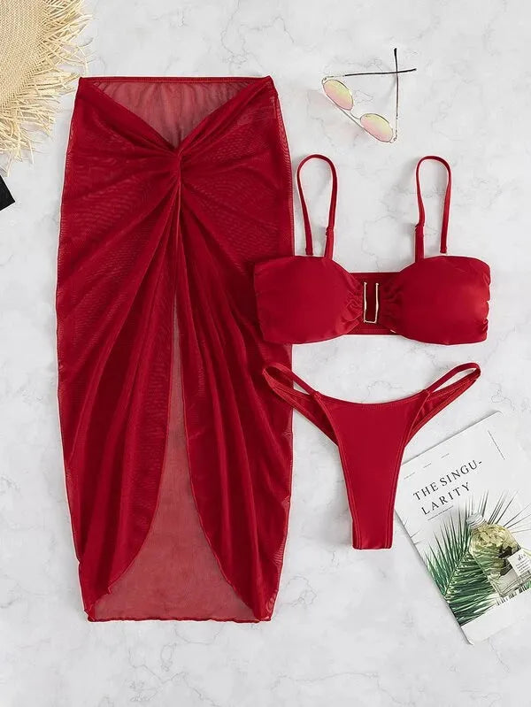 Women's three-piece bikini set with long culottes shorts in multiple colour options