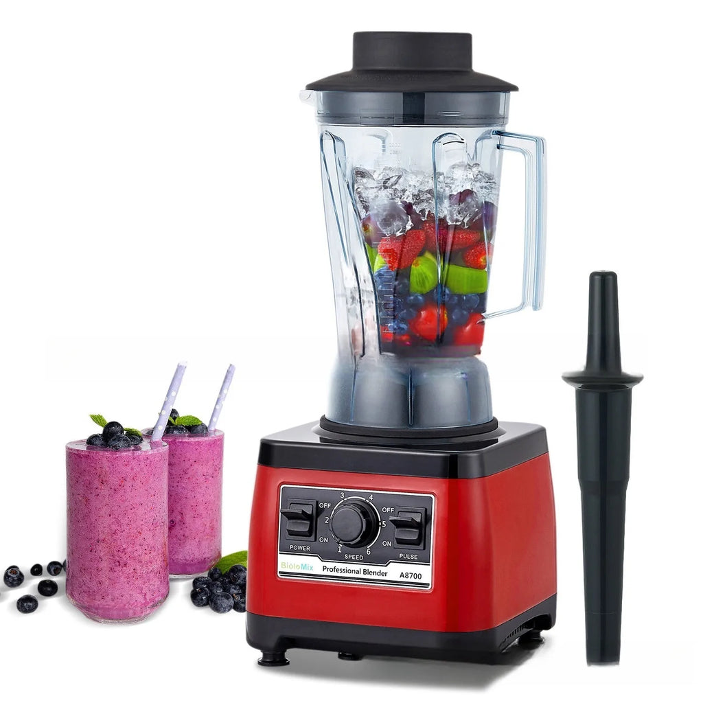 Red industrial-style commercial blender with 2200W motor and 2-litre capacity.