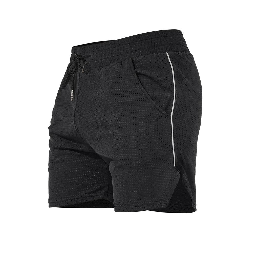 Men's straight-leg polyester fitness shorts in black, shown in a sports casual style.