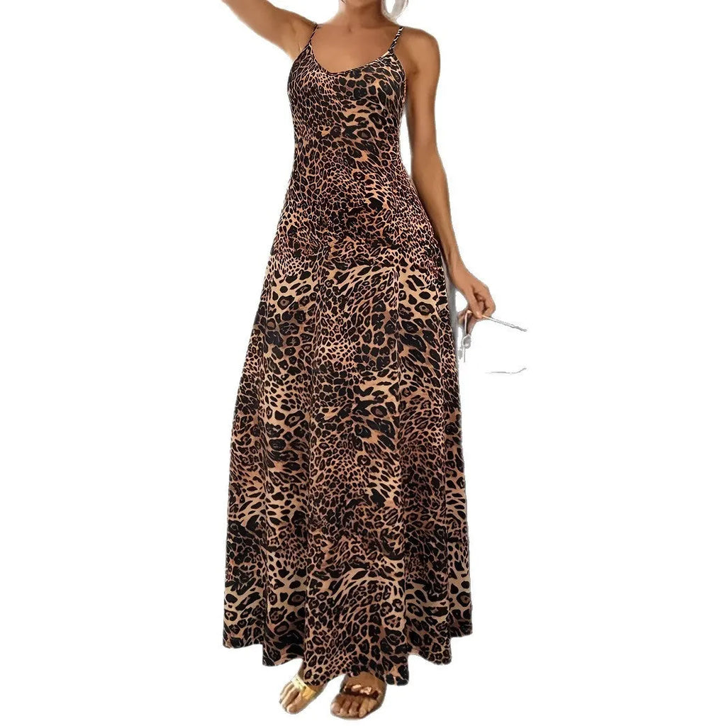 Dark brown leopard print women's dress with sleeveless sling design and shoulder straps
