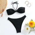 Black polyester women's bikini set with lace-up tube top and briefs swim bottoms