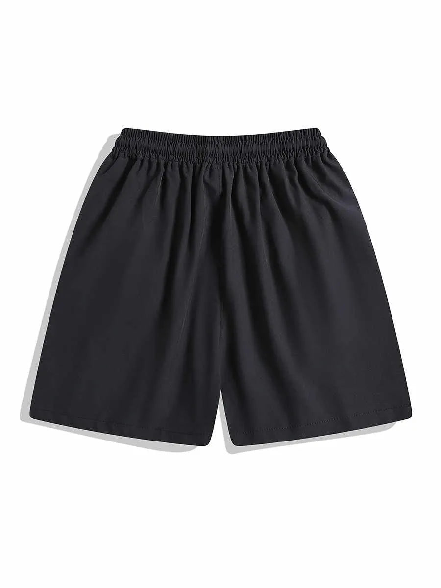 Quick-drying black and grey sports shorts with elastic waist and loose straight-leg design