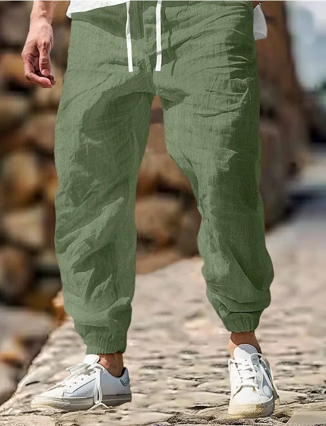Men's straight-leg cotton summer trousers with elastic waistband in multiple colour options