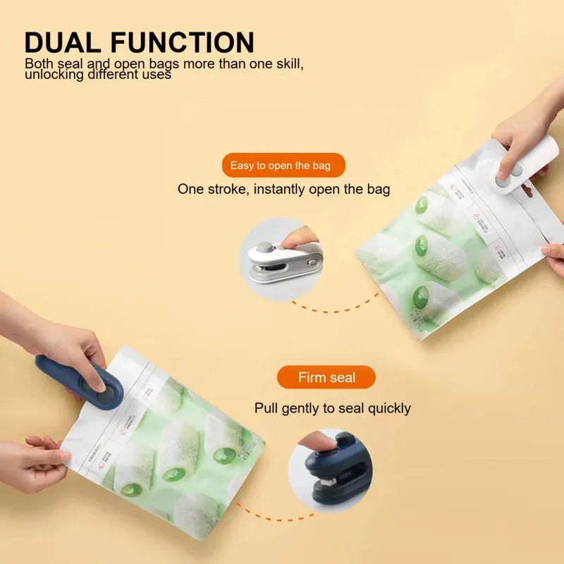 White handheld bag sealer with USB charging port and cutter blade for food storage