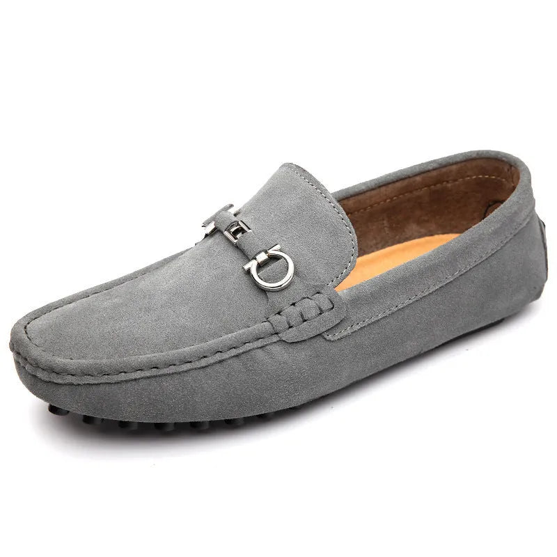 Men's black slip-on leather shoes with square toe and decorative stitching