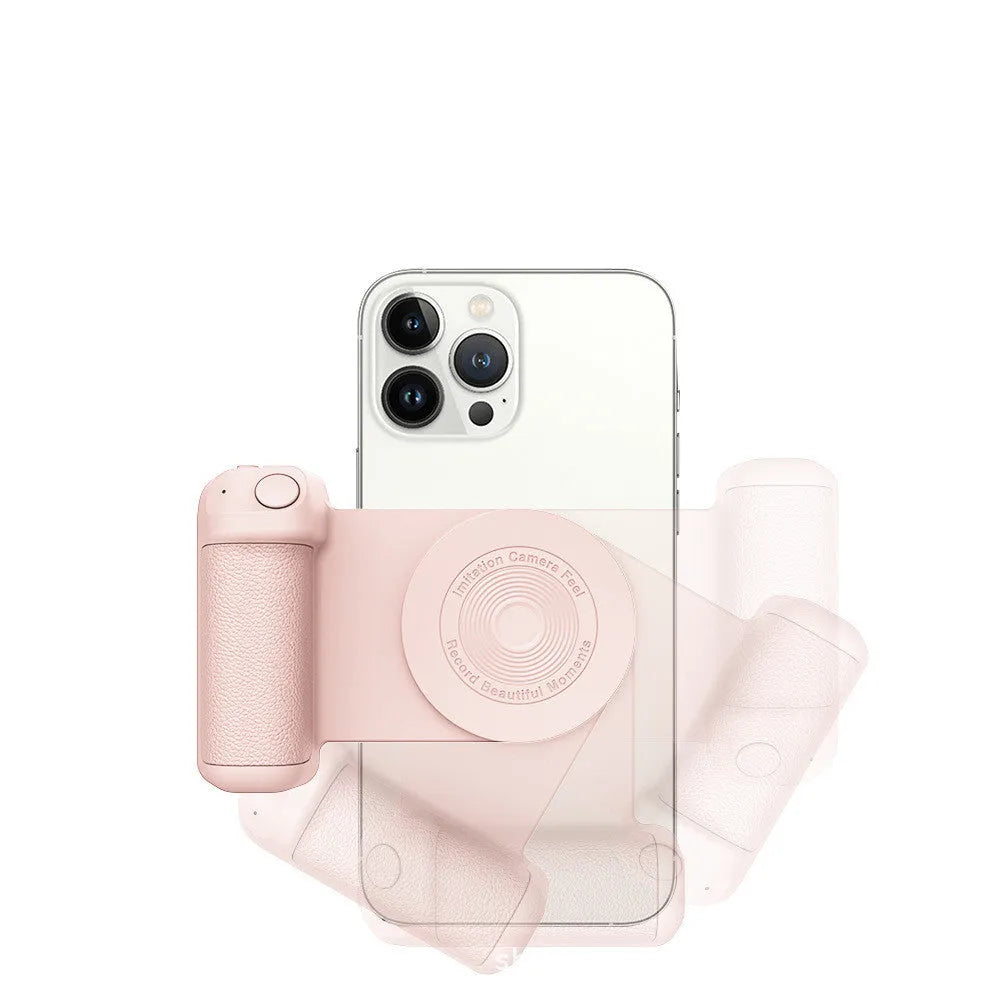 Black magnetic camera grip phone holder with wireless charging and PU leather handle on wooden surface