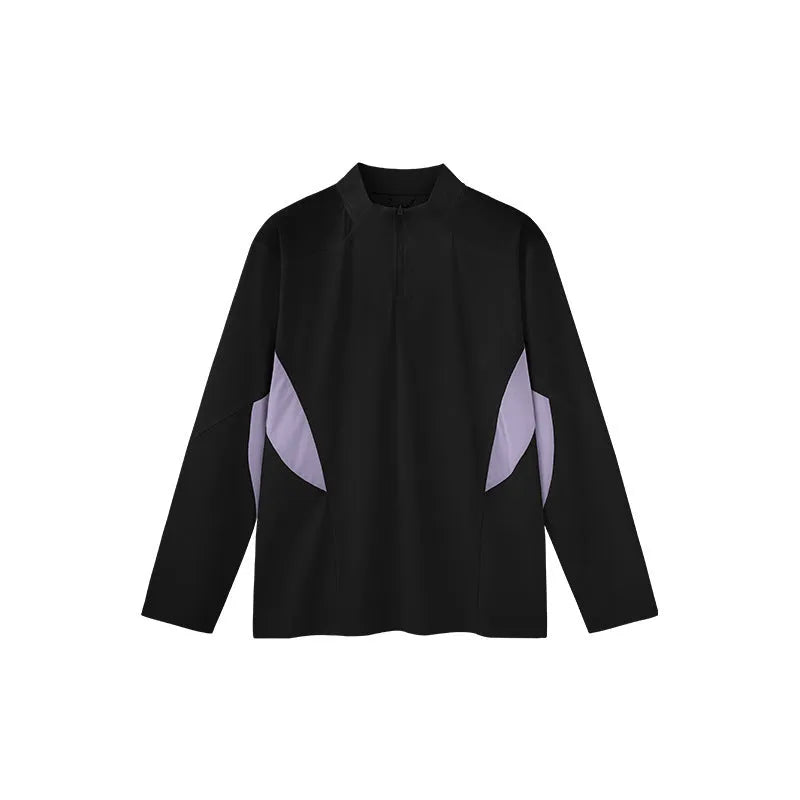 Men's solid colour lightweight polyester top with stitching detail, shown in black and beige for both long and short sleeves.