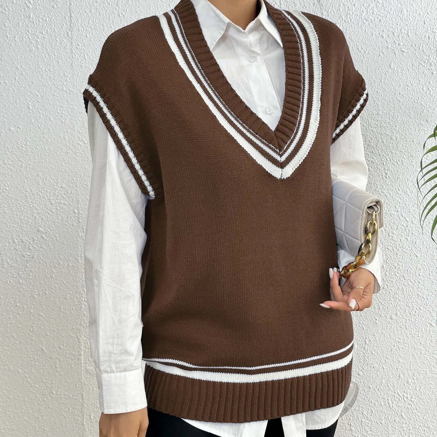 Women's loose acrylic vest sweater in black, blue and coffee colours with college style design